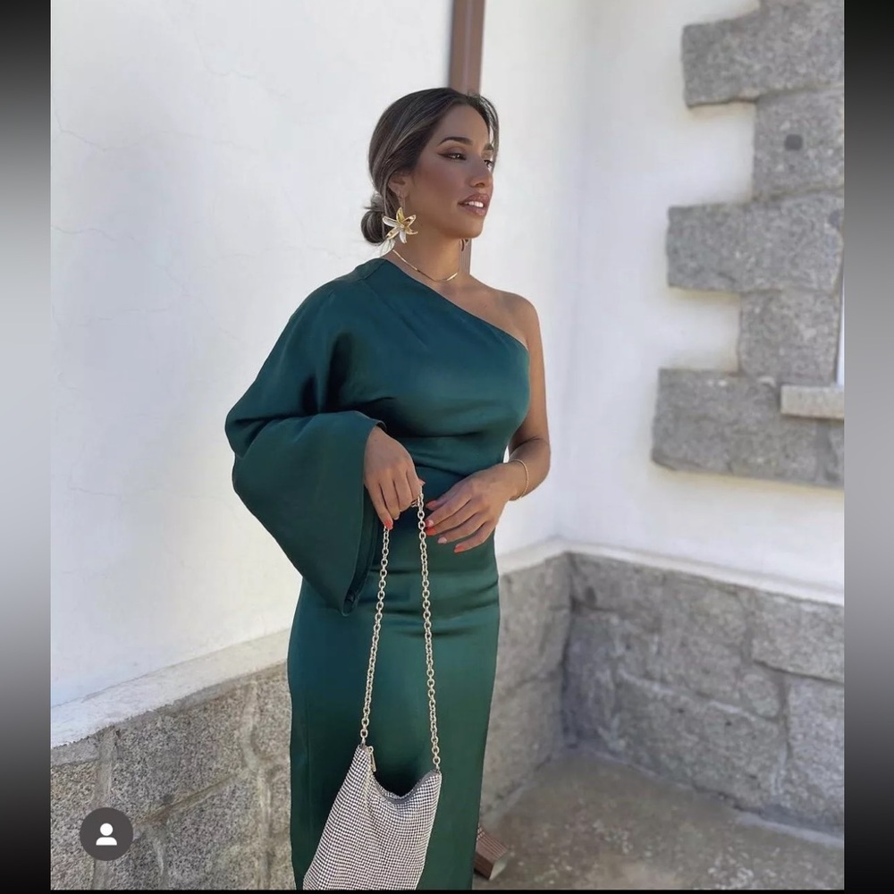 Zara Elegant Green One-Shoulder Dress - Picture 9 of 9